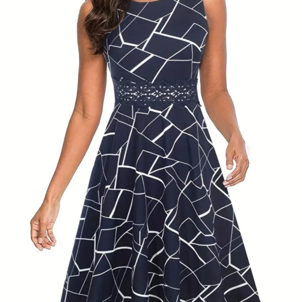 Navy & White Geometric Dress Size 6